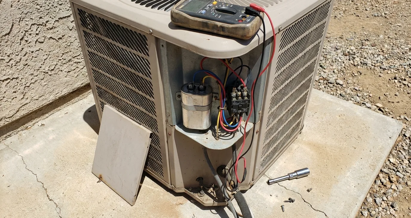 Close view of an air conditioner's electrical compartment with a multimeter resting on the unit
