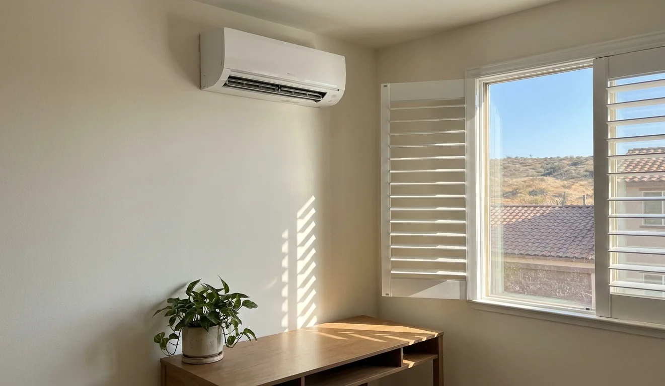 A white ductless mini-split unit mounted high on the wall of a sunny upstairs room with shuttered windows