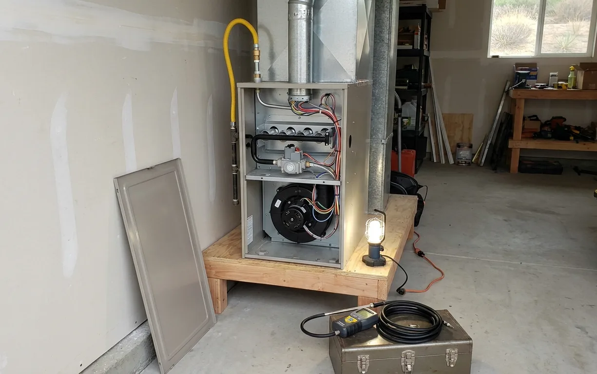 A gas furnace on a raised platform in a garage with its front panel removed, burners and gas valve visible, lit by a work light