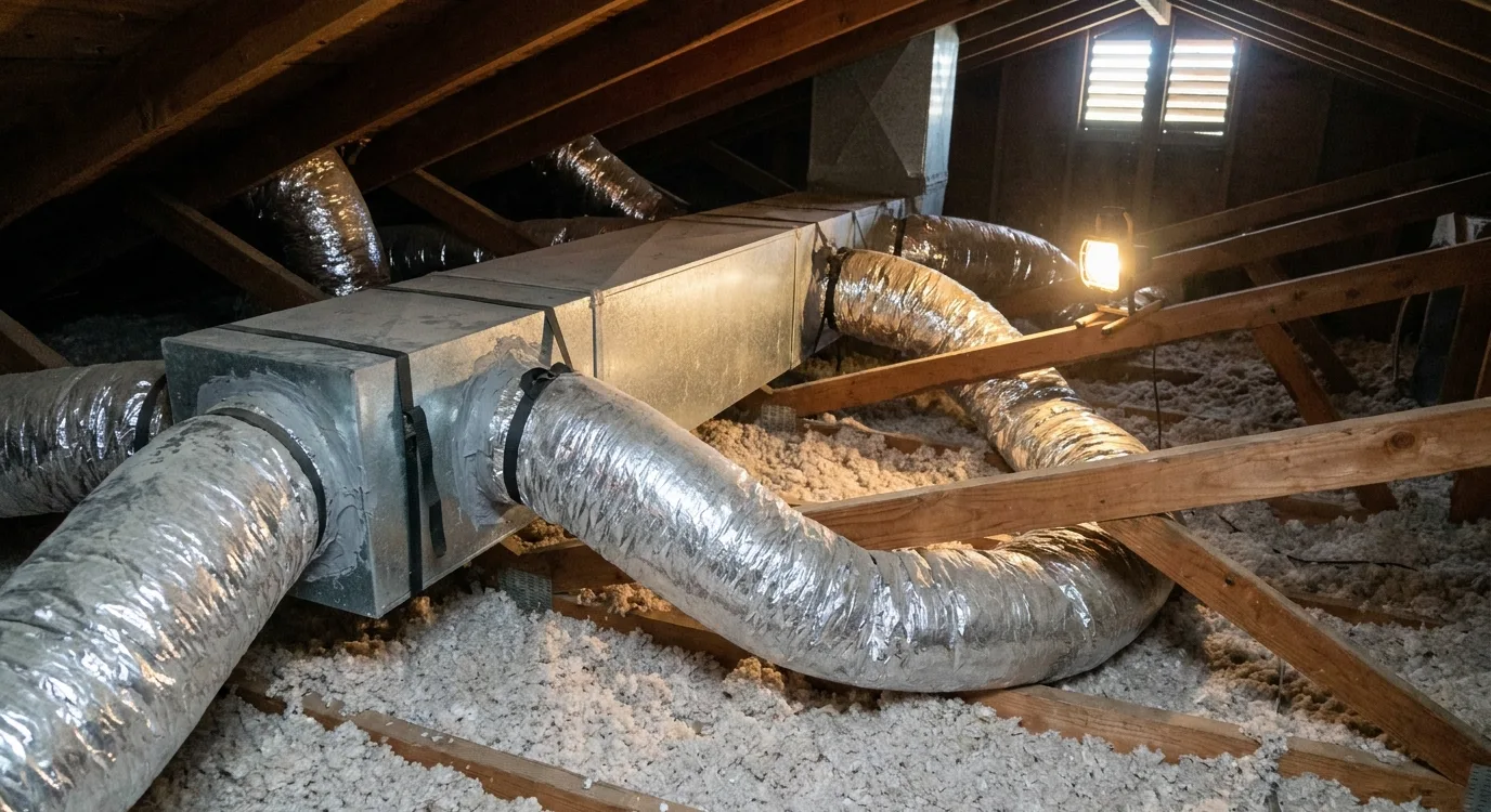 Silver flexible ducts branching from a sheet-metal plenum across the joists of a house attic, one of them sagging over a truss