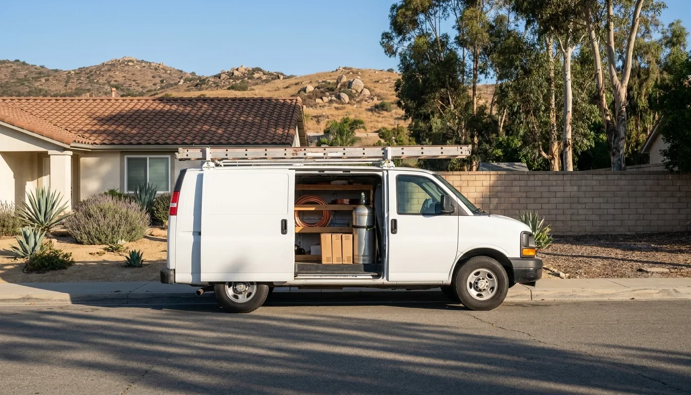 A plain white service van with a ladder on the roof rack parked on a residential street in front of a stucco house with a tile roof
