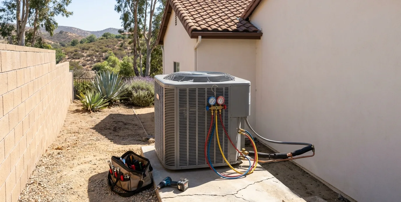 A grey outdoor air conditioner condenser on a concrete pad with a set of refrigerant gauges and coloured hoses attached
