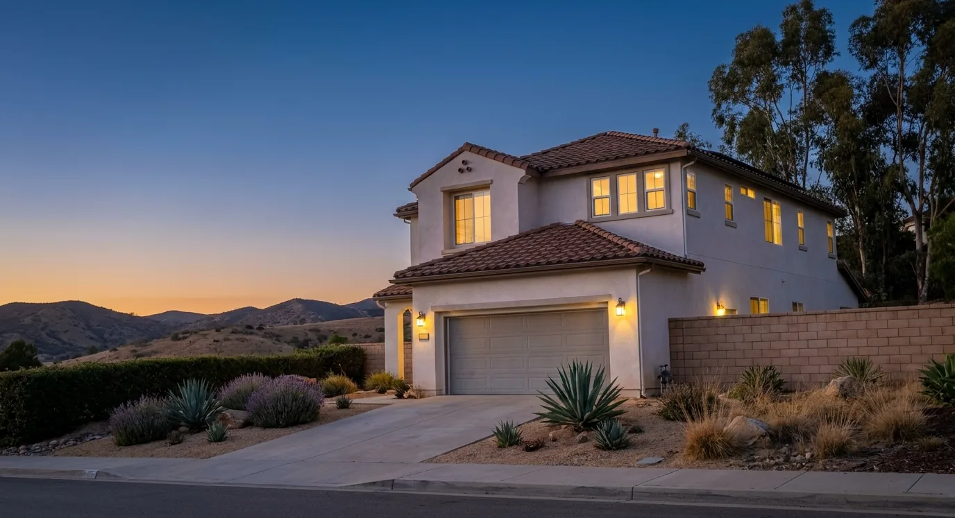 A two-storey stucco house with a clay tile roof at dusk, windows lit, dry hills behind it