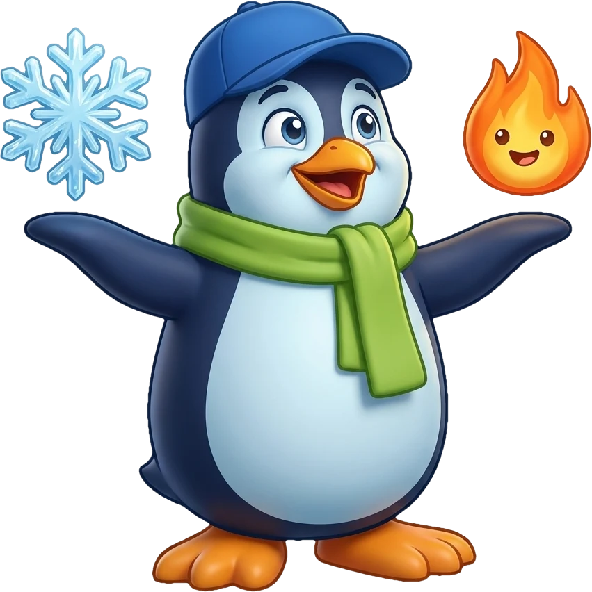 Breezy the penguin holding a blue snowflake above one flipper and a small flame above the other