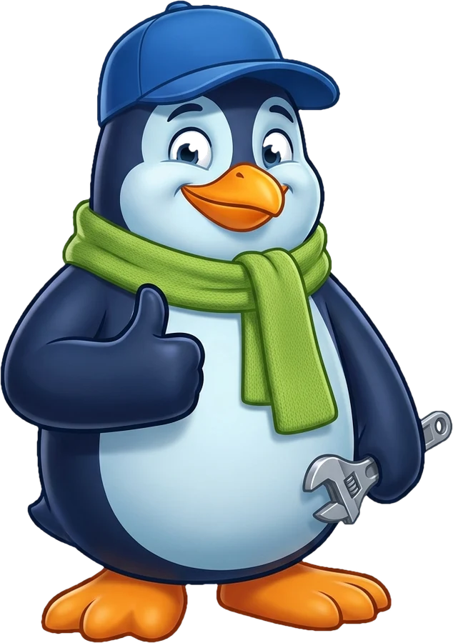 Breezy, a cartoon penguin in a blue work cap and green scarf, giving a thumbs up and holding a wrench
