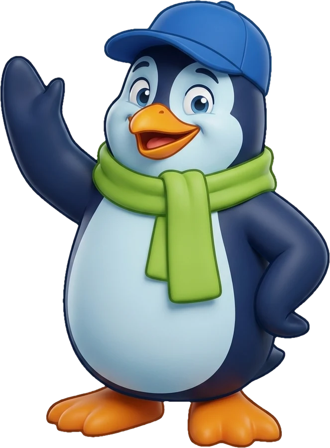 Breezy, the HVAC Poway cartoon penguin mascot, waving hello in a blue cap and green scarf
